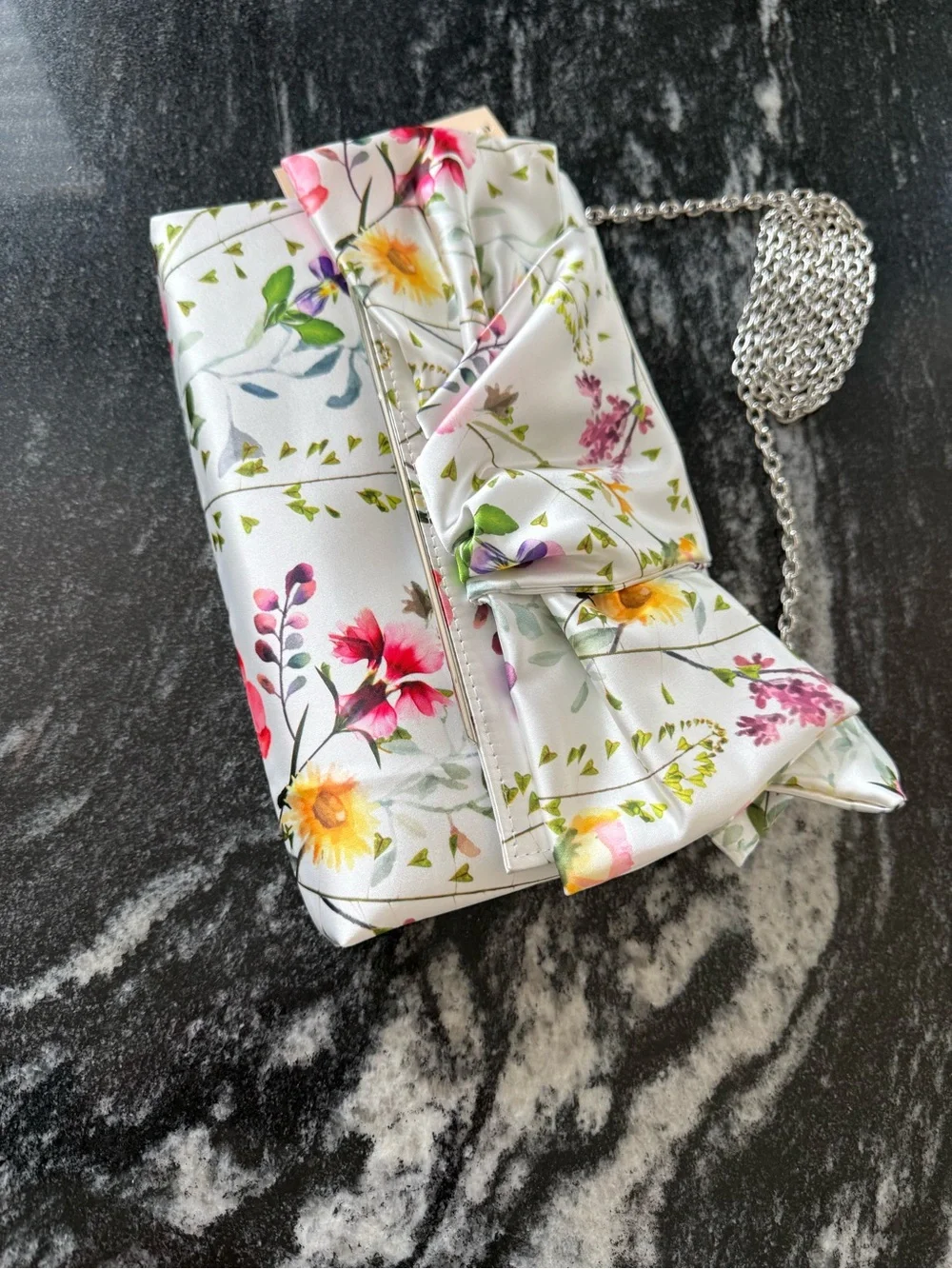 Jewel Badgley Mischa Floral Satin Bow Purse with White Background, NWT